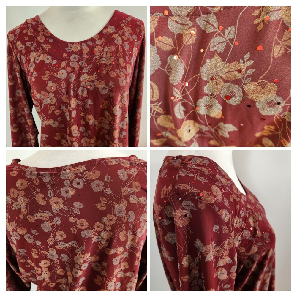 Susan Graver Burgundy Floral 3/4 Sleeve Sequin Top Size Medium Fall Autumn Shirt - Picture 7 of 8